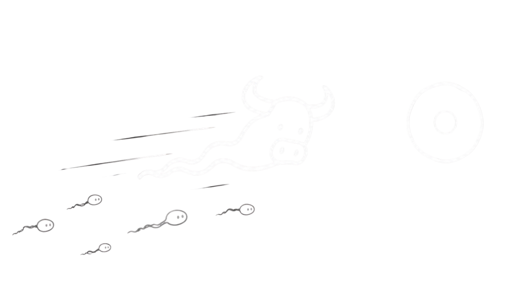 Bull mascot racing ahead of a pack of sperm cells toward a target